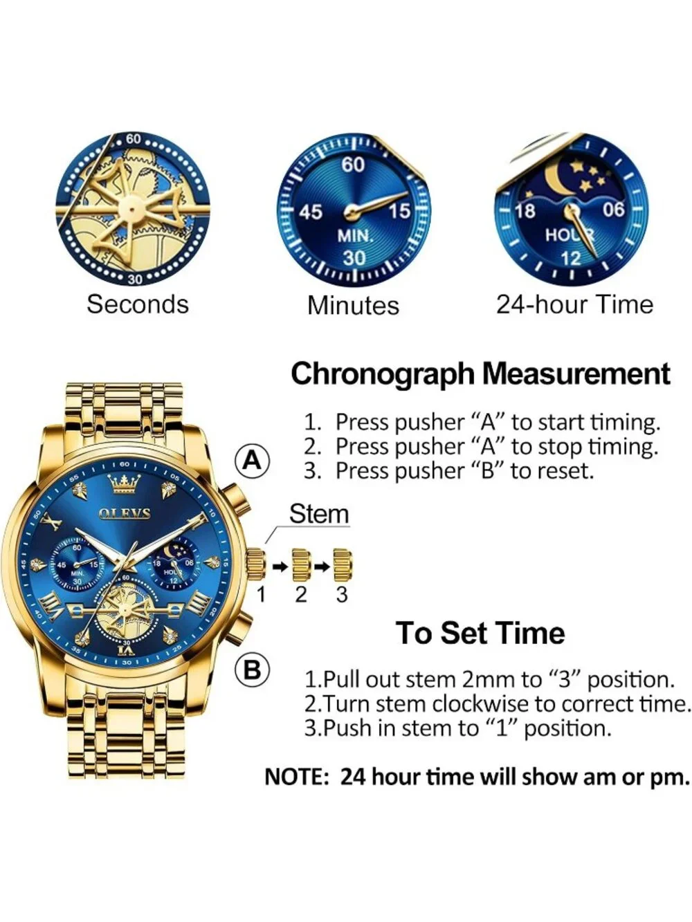 Men's Blue / Gold Stainless Steel Chronograph Waterproof Quartz Dress Watch
